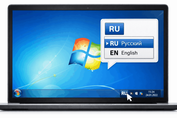 Компактная синяя языковая панель «RU» на панели задач Windows 7 и ее выпадающее меню выбора языка ввода.