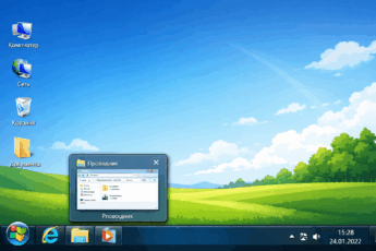 Панель задач и рабочий стол Windows 7 в стиле Aero с открытым окном.