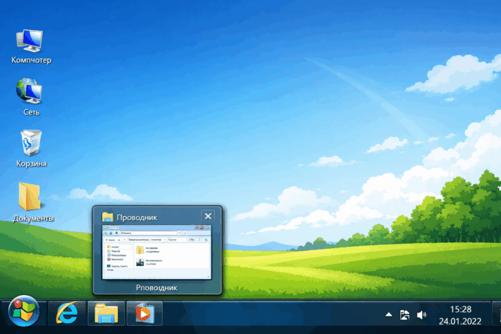 Панель задач и рабочий стол Windows 7 в стиле Aero с открытым окном.