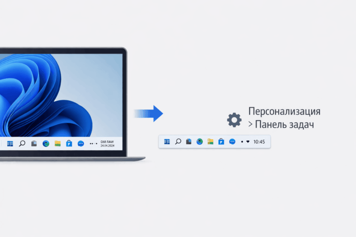 Смена панели задач Windows 11: сравнение стандартного и компактного режима.