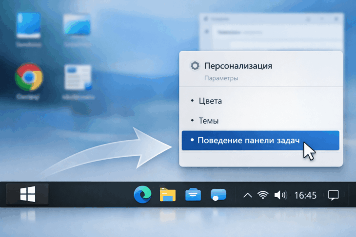 Курсор наводит на опцию «Поведение панели задач» для её перемещения в центр.