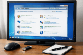 Панель управления Windows 7 на мониторе со значками и периферийными устройствами на столе.