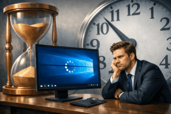 Офисный сотрудник в ожидании загрузки программы на компьютере с Windows 10, рядом песочные часы как символ медленного времени.