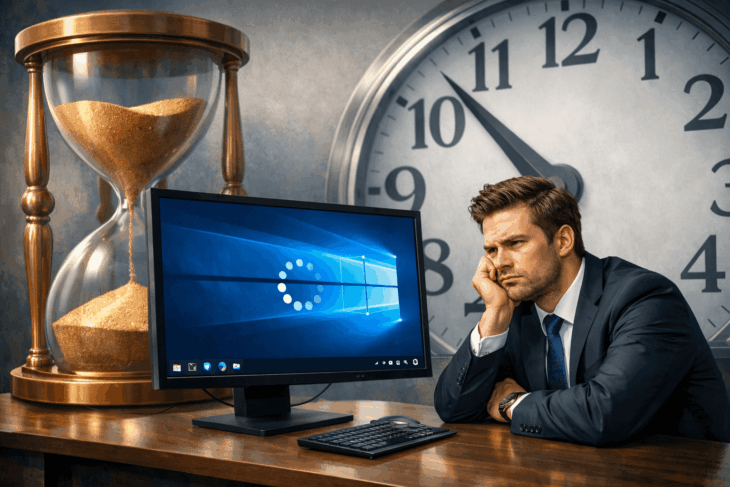 Офисный сотрудник в ожидании загрузки программы на компьютере с Windows 10, рядом песочные часы как символ медленного времени.