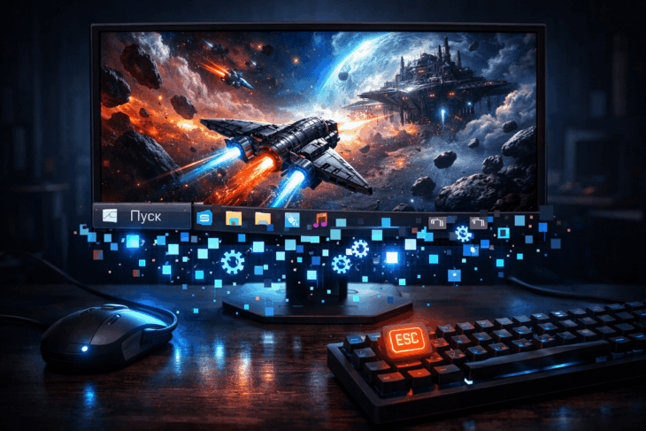 Запущенная игра на мониторе с разбирающимся интерфейсом Windows на пиксели и шестеренки.