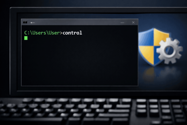 Терминал Windows с командой control panel для открытия панели управления