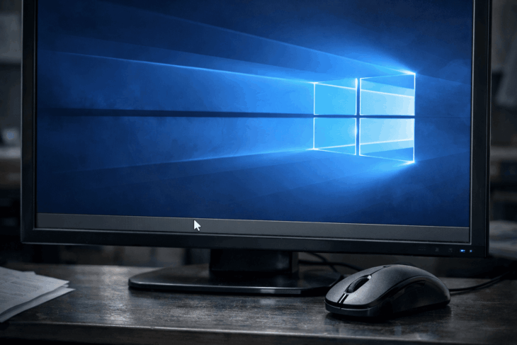 Неактивная серая панель задач Windows 10 и мышь на фоне пустого рабочего стола