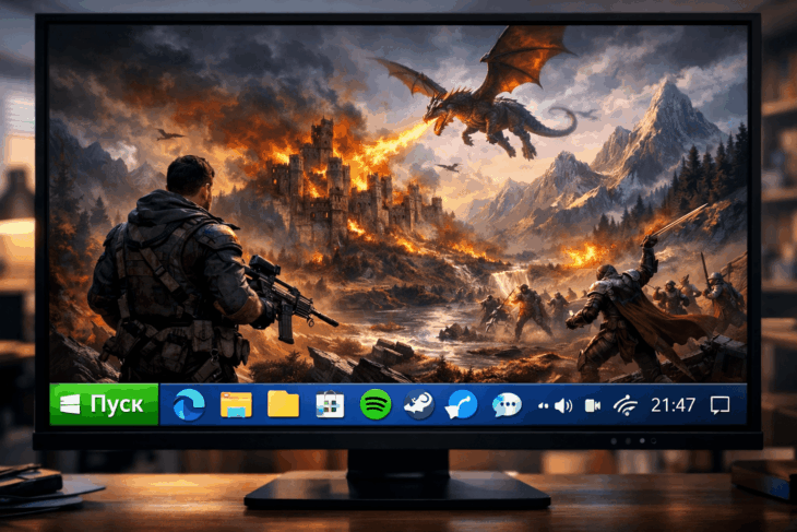 Яркая панель задач Windows поверх полноэкранного игрового экрана в офисе