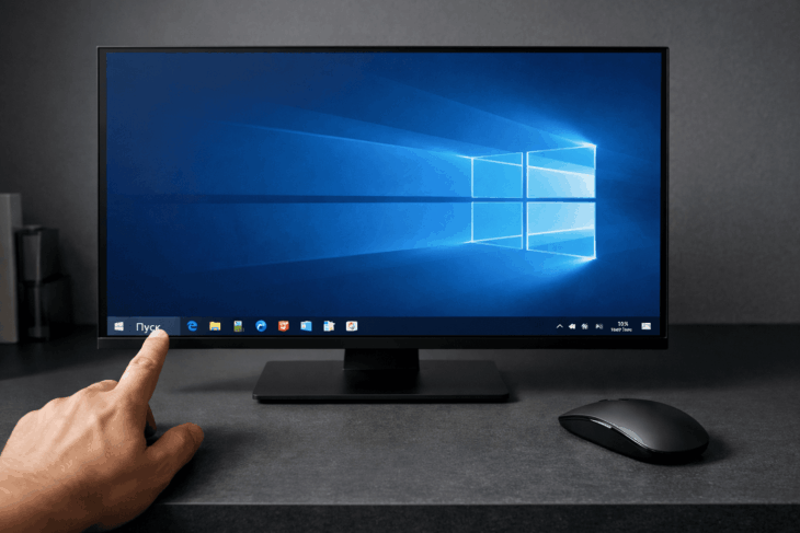 Указатель наводит курсор на панель задач Windows на мониторе
