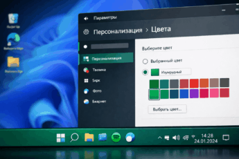 Windows 11: выбор цвета для персонализации панели задач в разделе «Параметры».