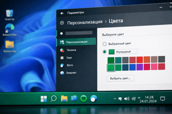 Windows 11: выбор цвета для персонализации панели задач в разделе «Параметры».
