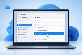 Открыто окно "Параметры Windows" с выделенным пунктом "Система" и подсвеченной строкой "О системе".