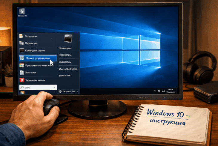 Открытие Панели управления через меню «Пуск» в Windows 10.