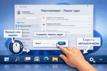 Включение функции автоматического скрытия панели задач в Windows 11.