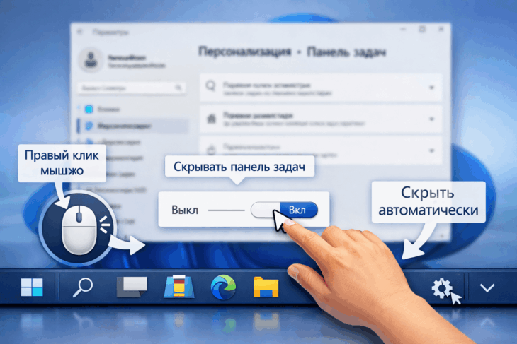 Включение функции автоматического скрытия панели задач в Windows 11.