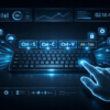Голографические горячие клавиши Ctrl+S, C, V на темной минималистичной панели управления.