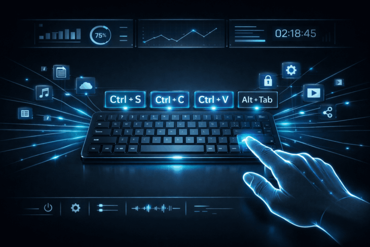 Голографические горячие клавиши Ctrl+S, C, V на темной минималистичной панели управления.