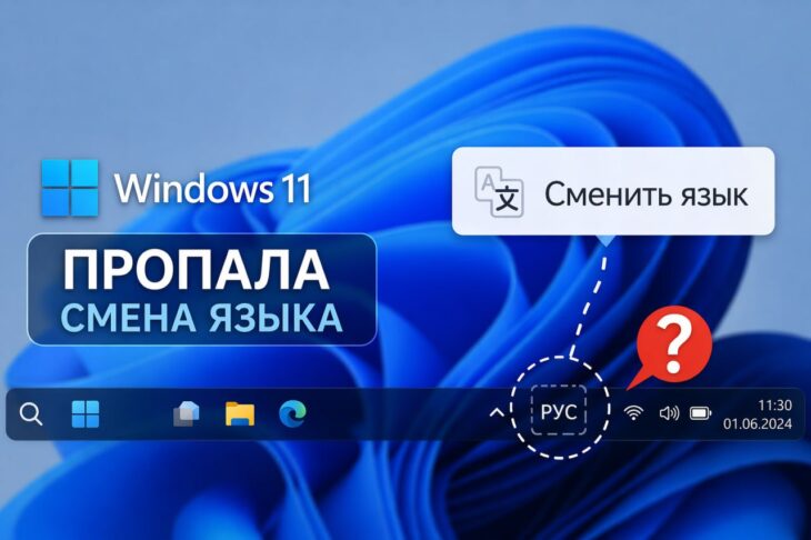 Пропавшая языковая панель на панели задач Windows 11 рядом с часами и значками сети.