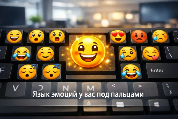 Клавиша Enter с сияющим смайликом на клавиатуре эмодзи. Фраза: «Язык эмоций у вас под пальцами».