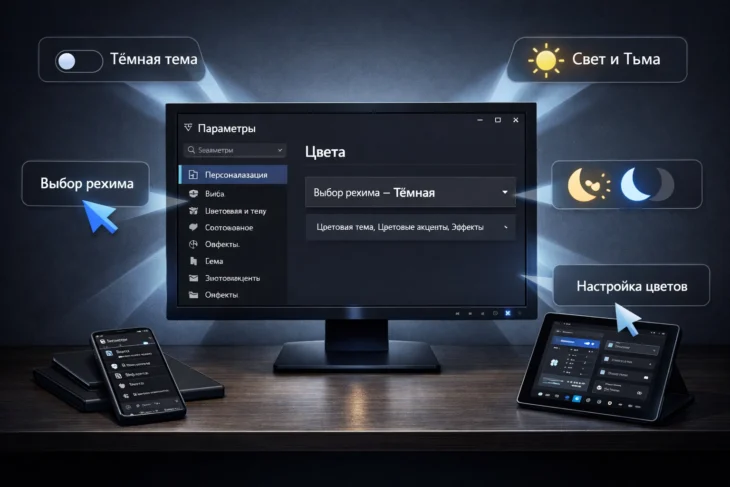Настройка темного режима в Windows 11 на компьютере, смартфоне и планшете.