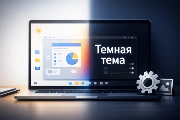 Плавный переход интерфейса от светлой темы к темной на мониторе со значками персонализации.