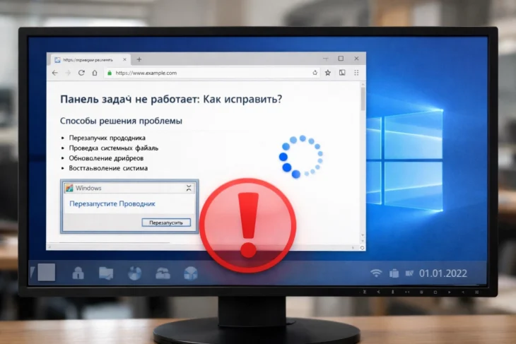 Заблокированная панель задач Windows 10 с предупреждением и курсором ожидания на фоне статьи по ремонту.